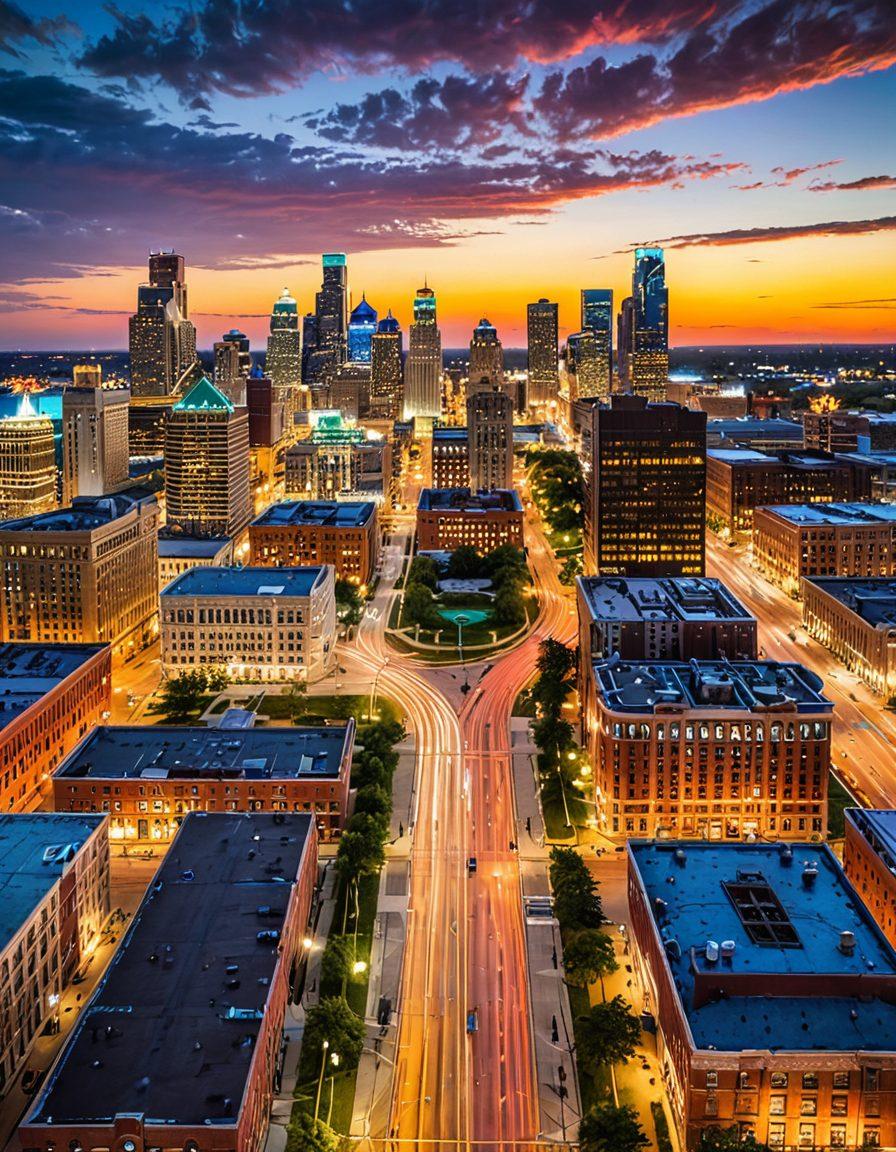 A stunning panoramic view of Detroit's skyline at sunset, showcasing vibrant colors reflecting off the buildings. In the foreground, diverse cultural elements such as murals, street art, and historical architecture blend seamlessly with lush urban parks. Light trails from bustling streets capture the city's dynamic energy. Emphasize the contrast between nature and urbanization. super-realistic. vibrant colors. 3D.