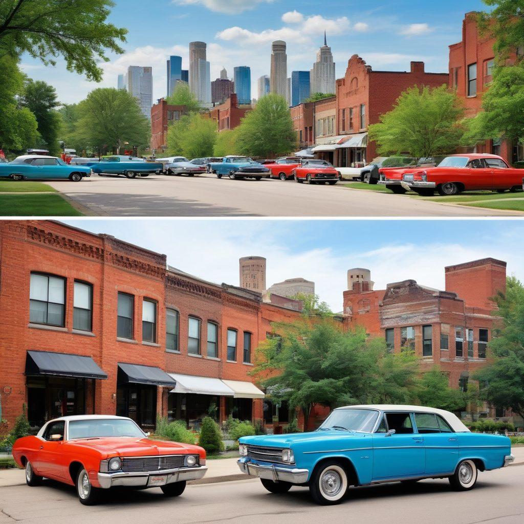 A collage of Detroit's charming neighborhoods, showcasing vibrant street art on brick walls, classic retro cars, and lush green parks. Include the iconic Detroit skyline along with people enjoying local street festivals, capturing the essence of community and creativity. Bright, lively colors that emphasize the spirit of the Motor City. super-realistic. vibrant colors. cityscape.