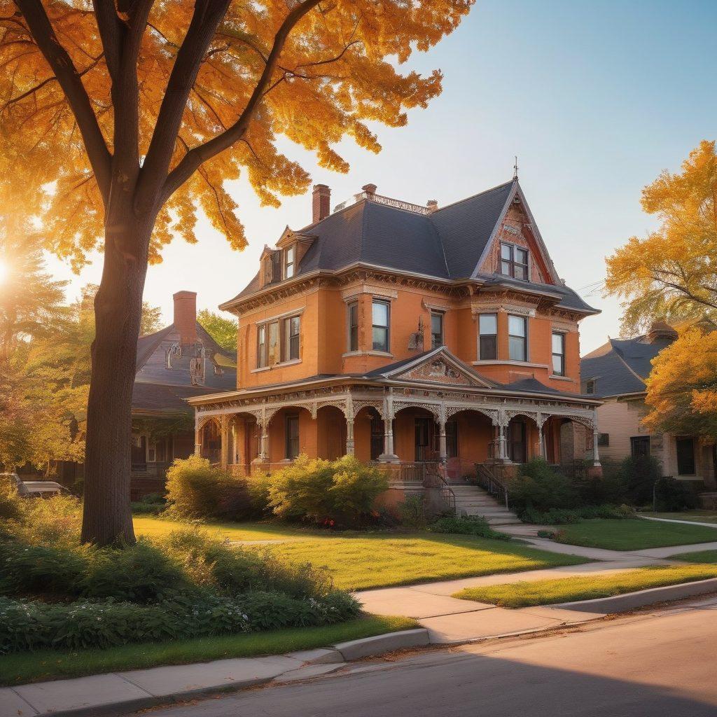 An enchanting street view of a historic neighborhood in Detroit, showcasing vintage architecture with ornate details, colorful murals, and blooming trees. A group of diverse people exploring the area, capturing memories with cameras. A backdrop of the Detroit skyline during sunset, blending history with modernity. Atmosphere filled with warm golden hues and vibrant colors, evoking a sense of nostalgia and adventure. super-realistic. vibrant colors. warm lighting.